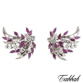 Tabbah Platinum Ruby & Diamond Earclips c.1940